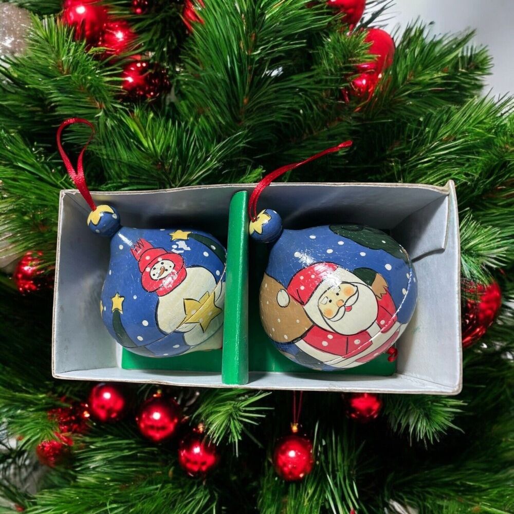 Terry's Village Wooden Nesting Ornaments Hand Painted Santa And Snowman